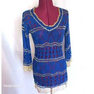 Alberto Makali Gold & Blue Knit Boho Sweater Top Shirt Dress Size S 90's
